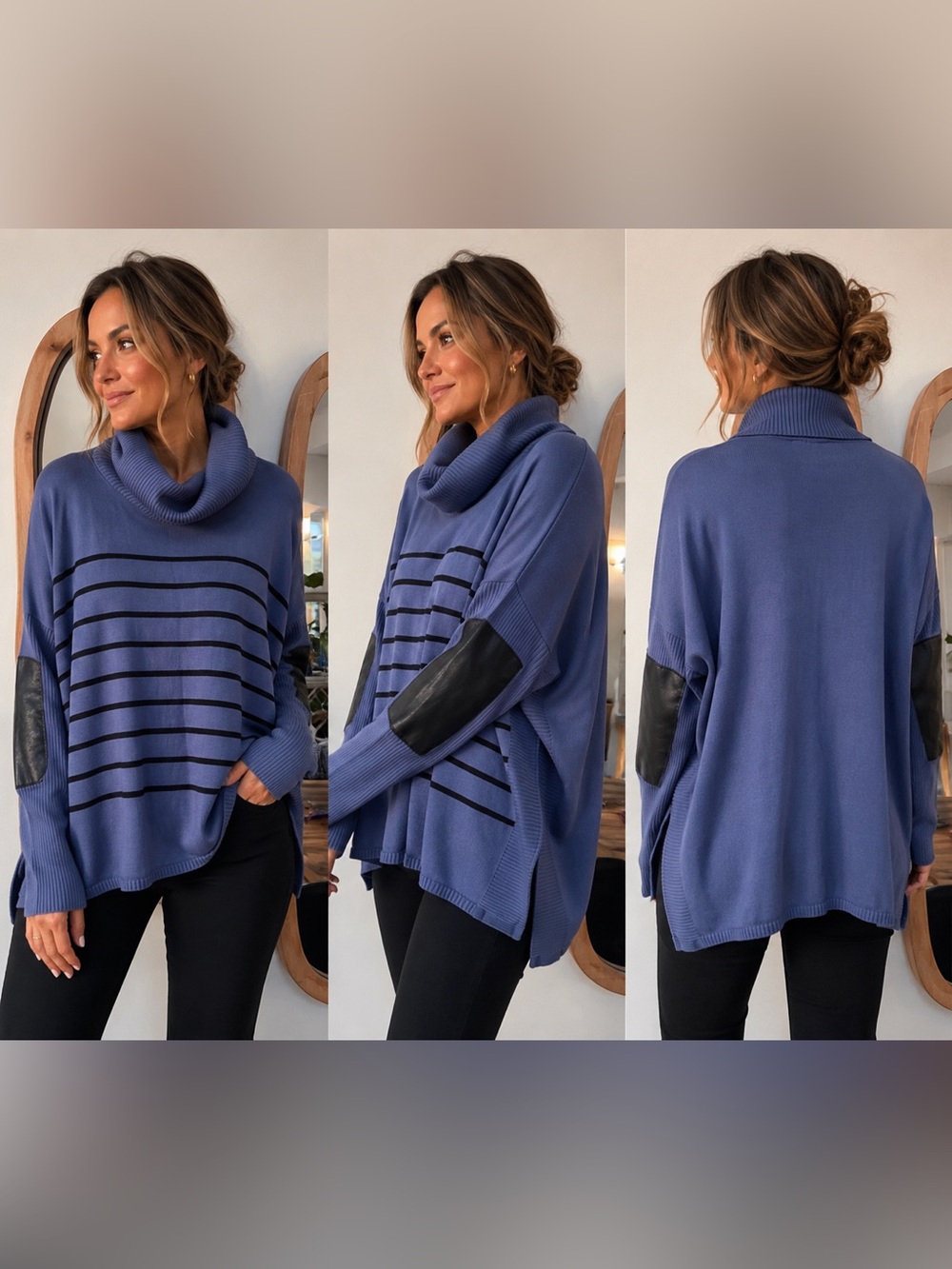 Jeanne Baker Striped Blue Turtleneck Sweater